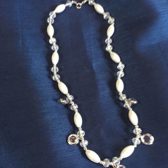 Silvertone Crystal and White Faux Pearl Necklace - Picture 3 of 3